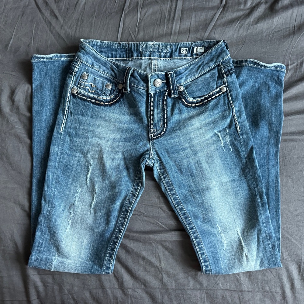 Miss Me Distressed & Embroidered Skinny Blue Jeans